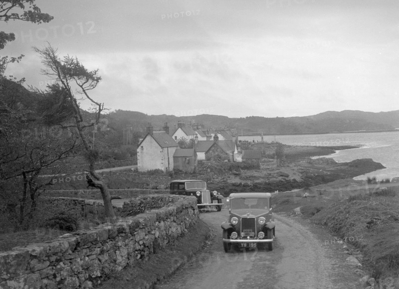 Armstrong-Siddeley 12/6 saloon of JC Wilson competing in the RSAC Scottish Rally, 1934. Artist: Bill Brunell.