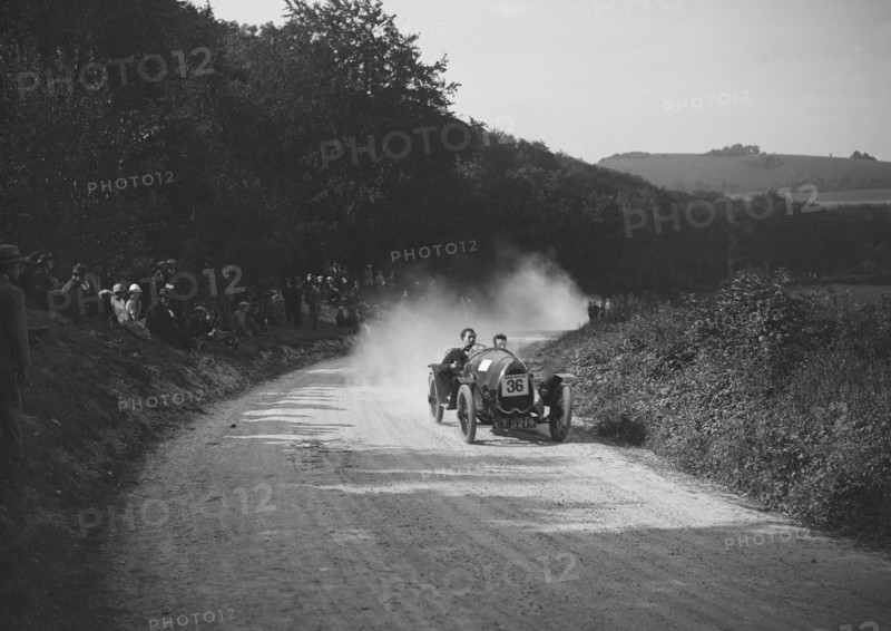 Raymond Mays' Bugatti competing in a JCC hillclimb, South Harting, Sussex, 1922. Artist: Bill Brunell.