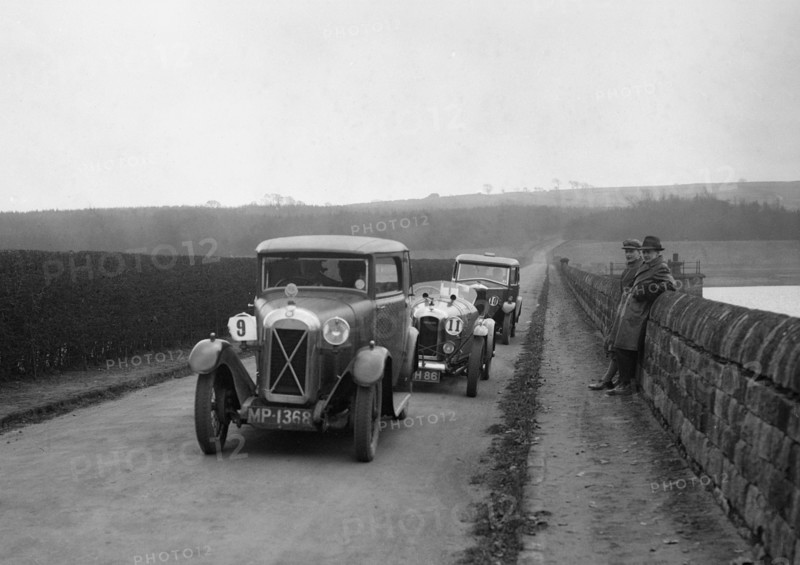 Salmson, Amilcar and Riley 9, Ilkley & District MC Trial, Fewston Reservoir, Yorkshire, 1930s. Artist: Bill Brunell.