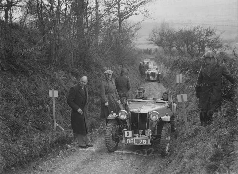 MG TA of Maurice Toulmin of the Cream Cracker Team at the MG Car Club Midland Centre Trial, 1938. Artist: Bill Brunell.