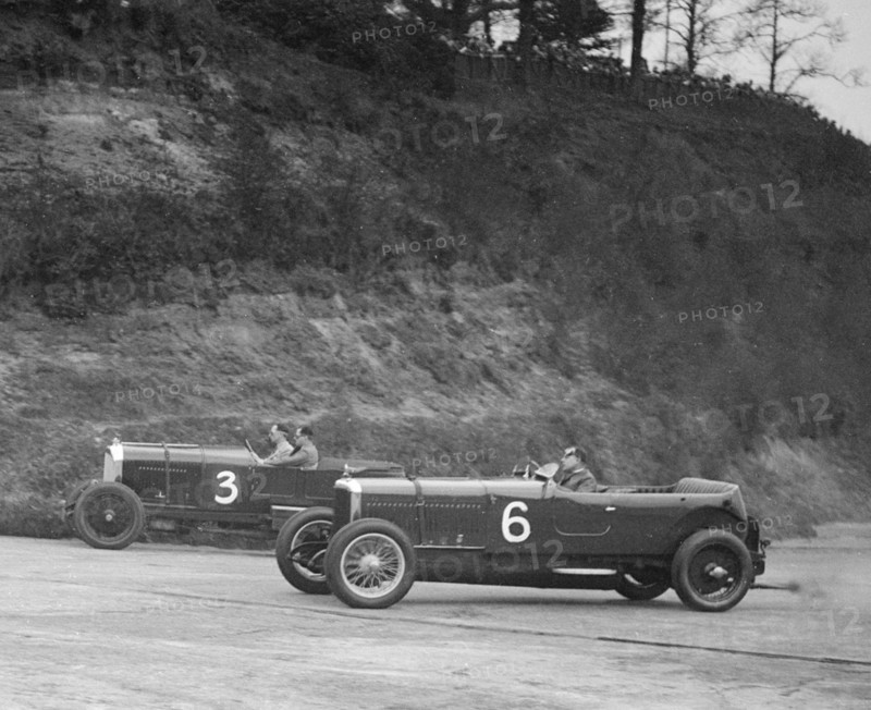 Sunbeam of BO Davis and Bentley of Major H Butler racing at a BARC meeting, Brooklands, 1930. Artist: Bill Brunell.