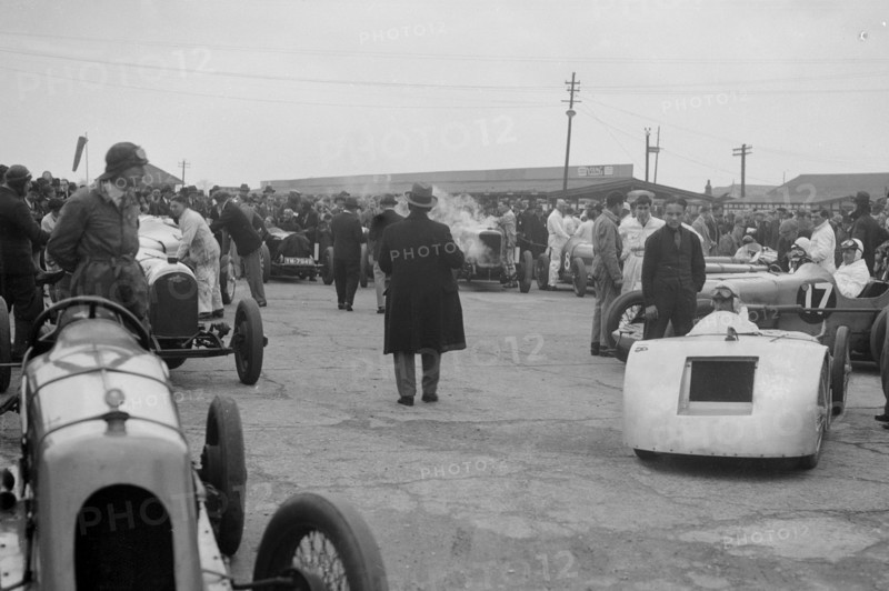 Marendaz Special of AC Hess and Bugatti Type 35 of O Bertram at a BARC meeting, Brooklands, 1930. Artist: Bill Brunell.