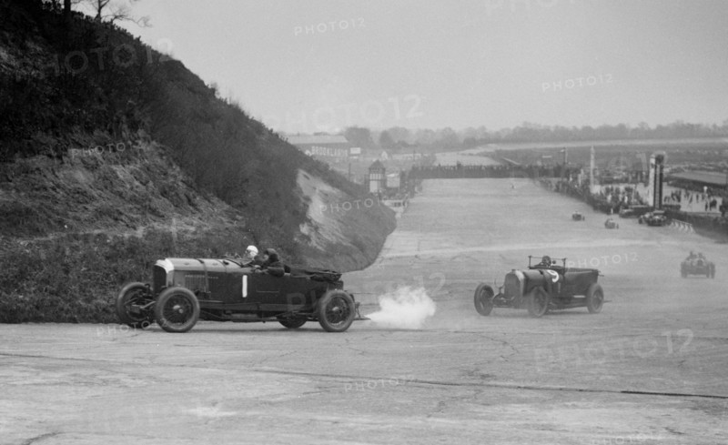 Bentley of Tim Birkin and Austro-Daimler of Edgar Fronteras, BARC meeting, Brooklands, 1930. Artist: Bill Brunell.