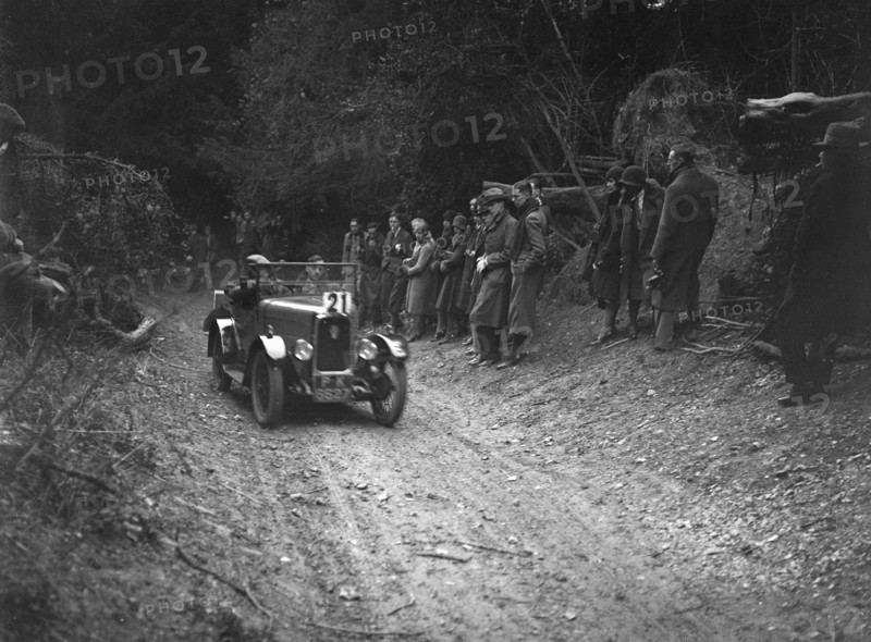 Triumph Super Seven of FA Thatcher, JCC Half-Day Trial, Goat Track, Ranmore Common, Surrey, 1930. Artist: Bill Brunell.