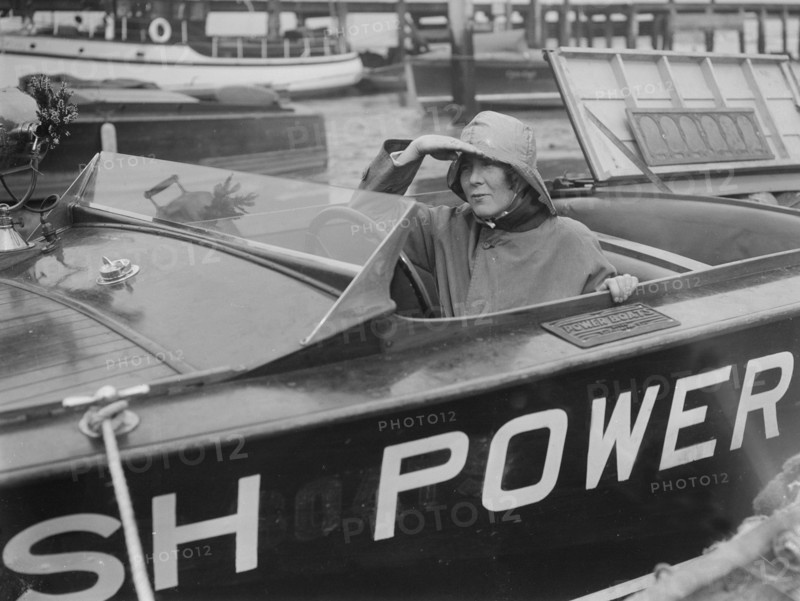Kitty Brunell in a British Power Boat Company launch, Hythe, Hampshire, 1927. Artist: Bill Brunell.