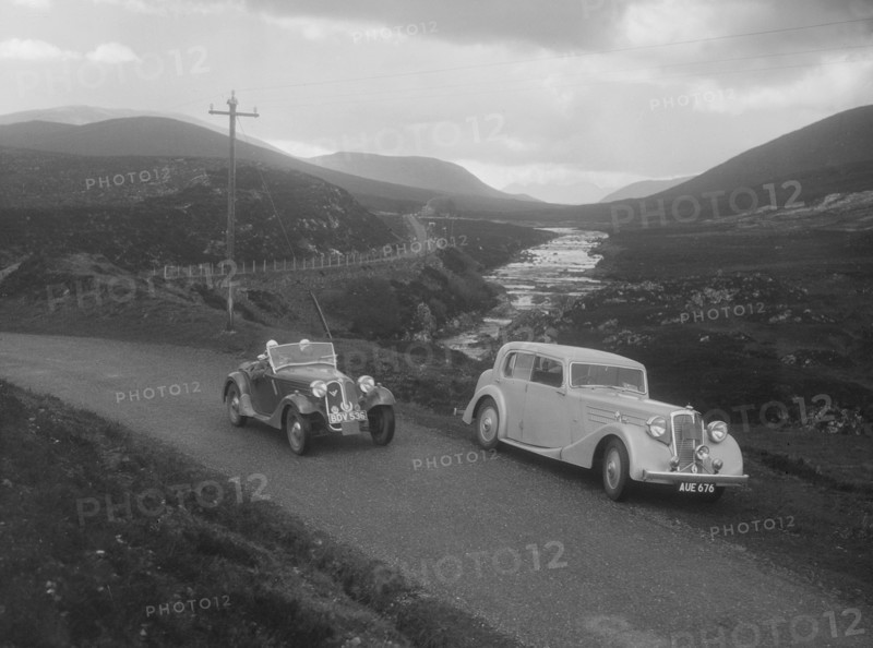 Frazer-Nash BMW 319/55 of E Violet Watson passing Bill Brunell's Standard, Scottish Rally, 1938. Artist: Bill Brunell.