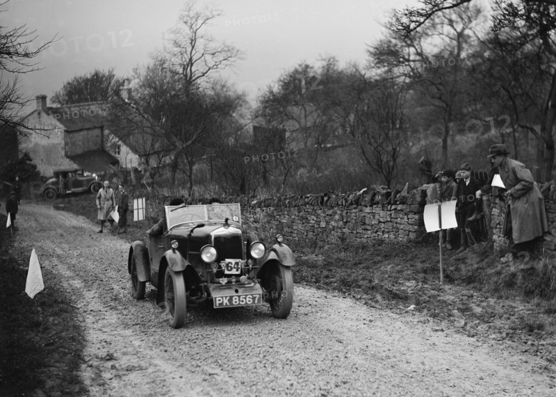 Riley open 4-seater tourer of Hugh Hunter competing in the NWLMC London-Gloucester Trial, 1931. Artist: Bill Brunell.