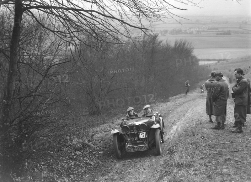 MG J2 competing in a trial, Crowell Hill, Chinnor, Oxfordshire, 1930s. Artist: Bill Brunell.