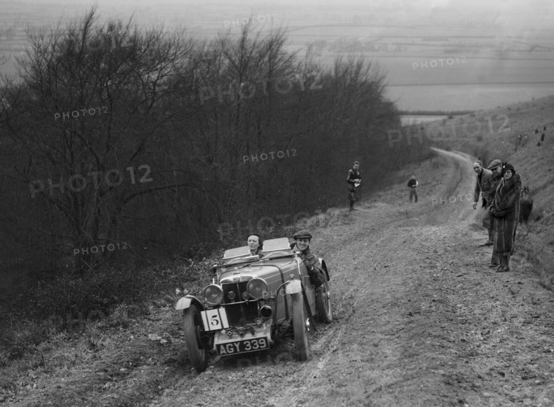 MG J2 competing in a trial, Crowell Hill, Chinnor, Oxfordshire, 1930s. Artist: Bill Brunell.