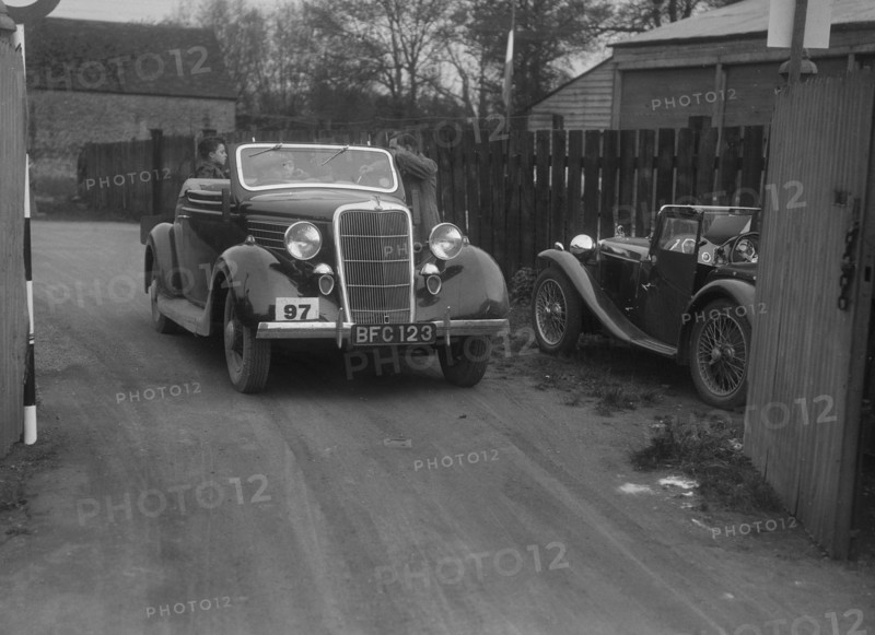 Ford V8 drophead and MG PA at a motoring trial, 1930s. Artist: Bill Brunell.