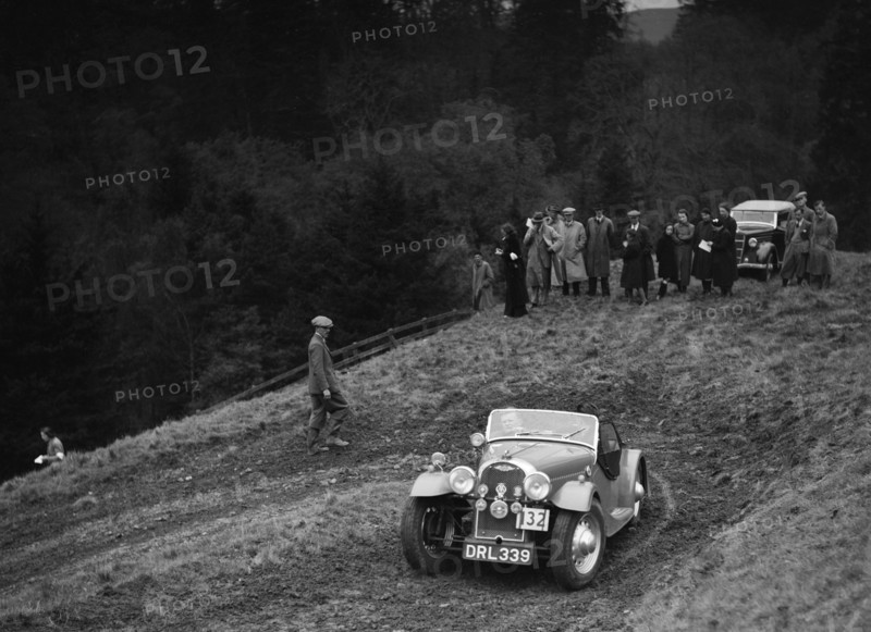 Morgan 4/4 of RD Harris competing in the MCC Edinburgh Trial, Roxburghshire, Scotland, 1938. Artist: Bill Brunell.