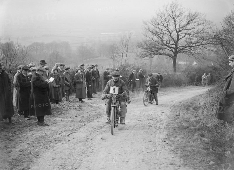 Unidentified motorcycle at an early motoring trial, pre 1914.   Artist: Bill Brunell.