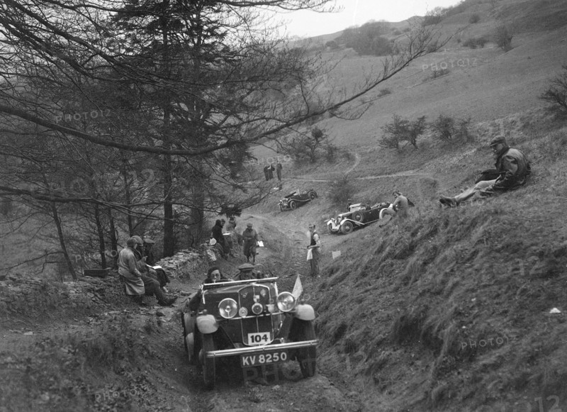 Triumph open tourer competing in the MG Car Club Abingdon Trial/Rally, 1939. Artist: Bill Brunell.