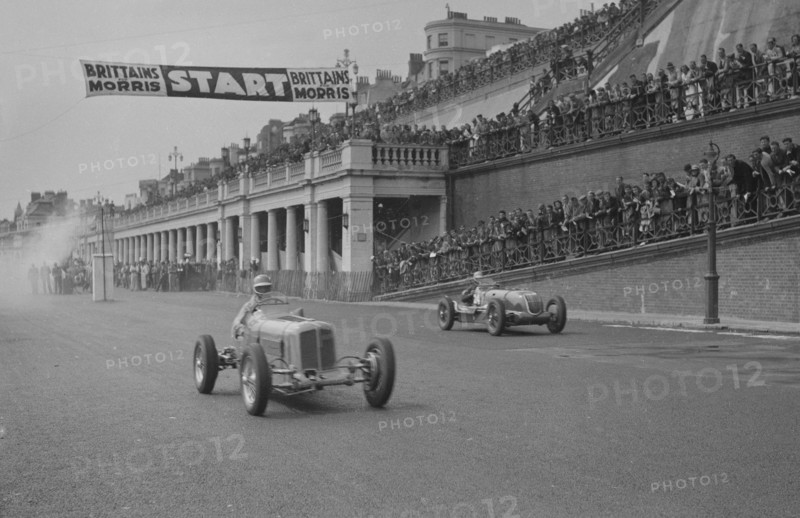 ERA of Earl Howe and Alta of CK Mortimer competing in the Brighton Speed Trials, 1938. Artist: Bill Brunell.