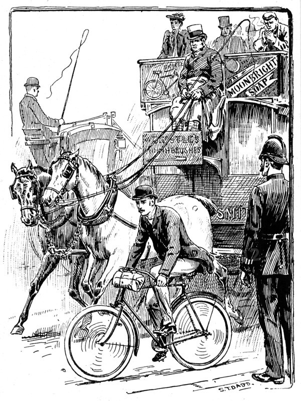 Cyclist in busy London traffic riding a machine of the Rover safety type, 1895. Artist: Stephen T Dadd