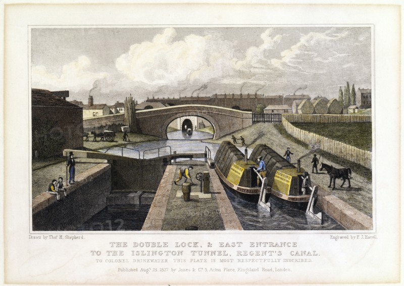 'The Double Lock and East Entrance to the Islington Tunnel, Regent's Canal', 1827. Artist: Frederick James Havell