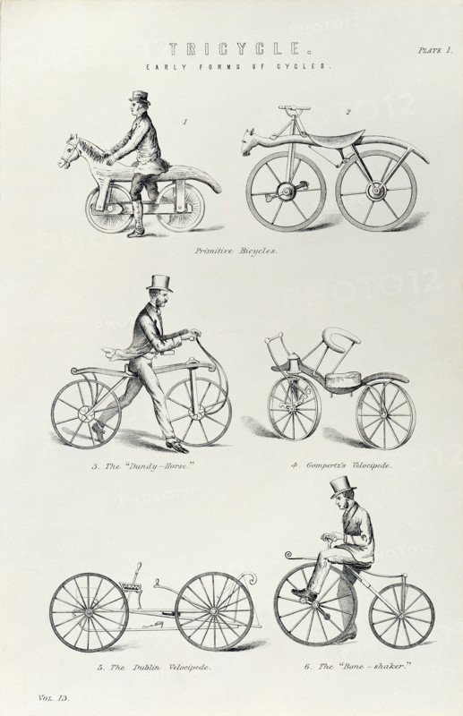 Six early forms of bicycle, c1870. Artist: Unknown