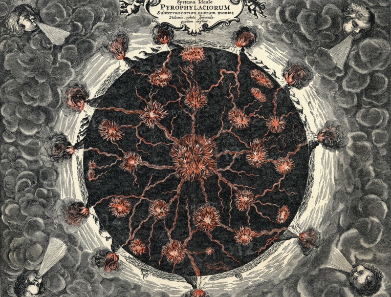 Sectional view of the Earth, showing central fire and volcanoes, 1665. Artist: Unknown