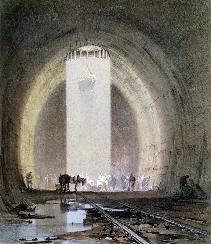 Construction of the Kilsby Tunnel on the London & Birmingham Railway, 8 July 1839. Artist: John Cooke Bourne