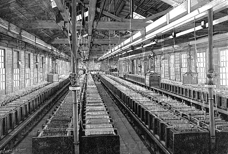 Manufacture of electric batteries, USA, 1887. Artist: Unknown