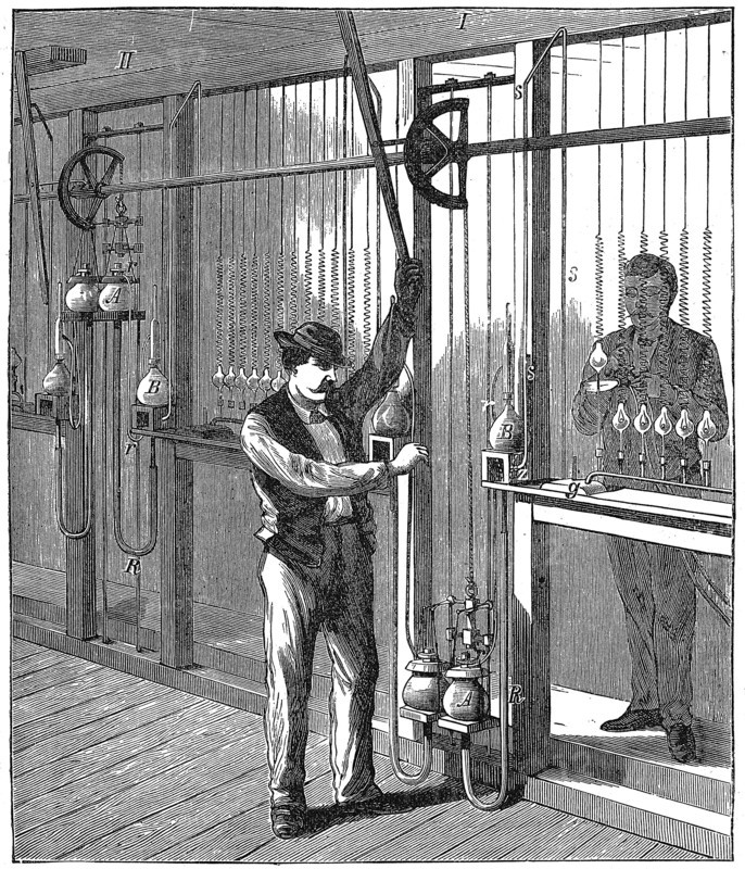 Manufacturing electric light bulbs, c1883 (1896). Artist: Unknown