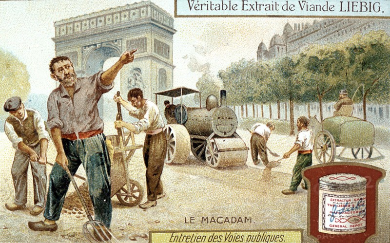 Laying a Macadam road surface and compacting it with a steam road roller, Paris, c1900 Artist: Unknown