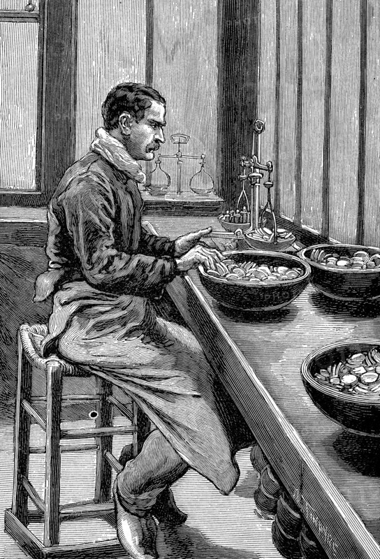 Testing the weight of gold pieces, Paris mint, 1892. Artist: Unknown