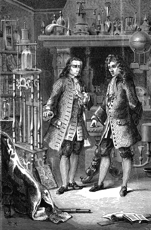 Robert Boyle, Anglo-Irish chemist and physicist and Denis Papin, French physicist, 1870. Artist: Unknown