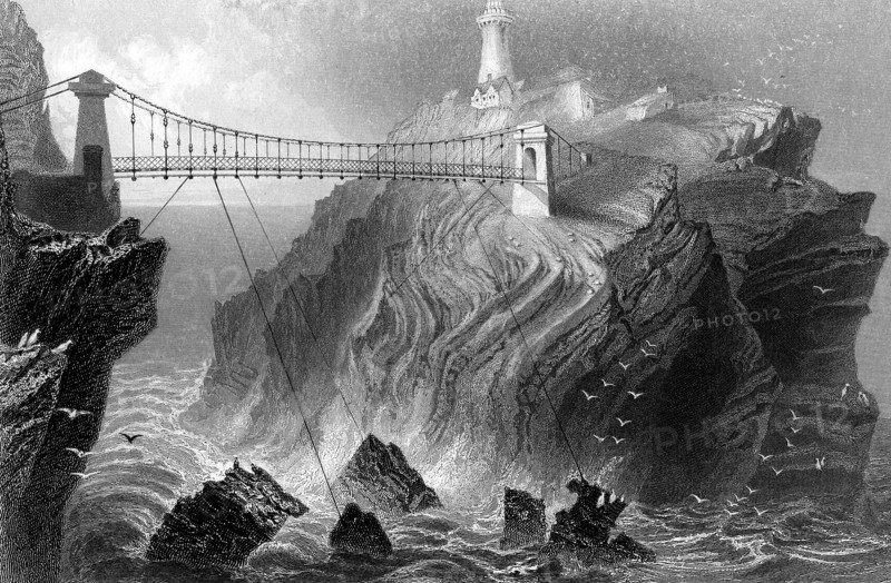 Suspension bridge to the South Stack lighthouse near Holyhead, Wales, c1860. Artist: Unknown