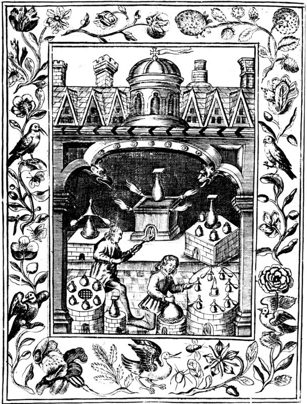 Alchemical laboratory showing various forms of furnace and vessels, 1652. Artist: Unknown