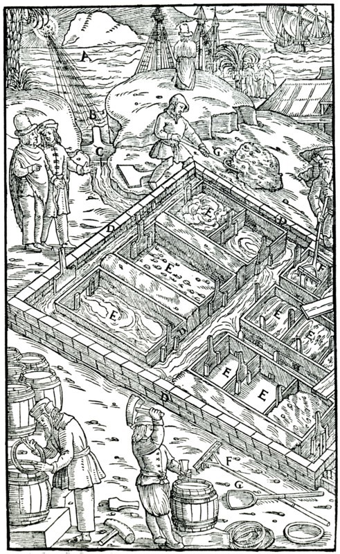 Producing salt by evaporating sea water in salt pans, 1556. Artist: Unknown