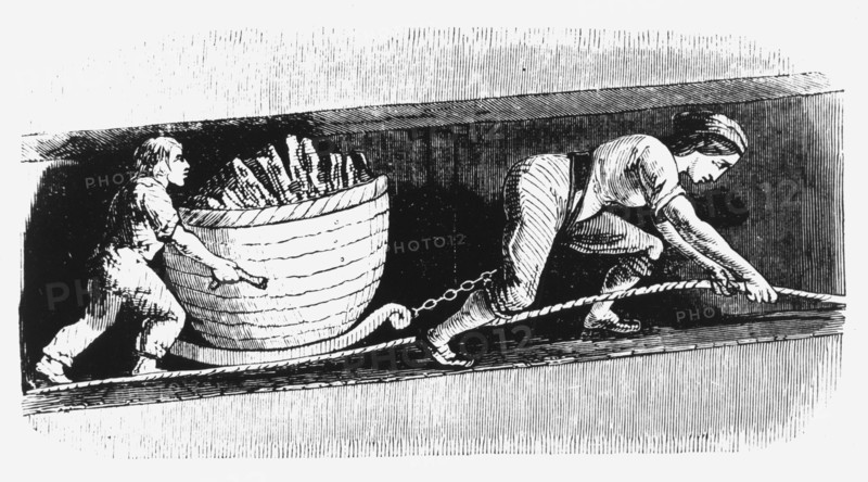 Woman and boy drawing a corve containing 3-4 cwt of coal, Bolton, Lancashire, 1848. Artist: Unknown