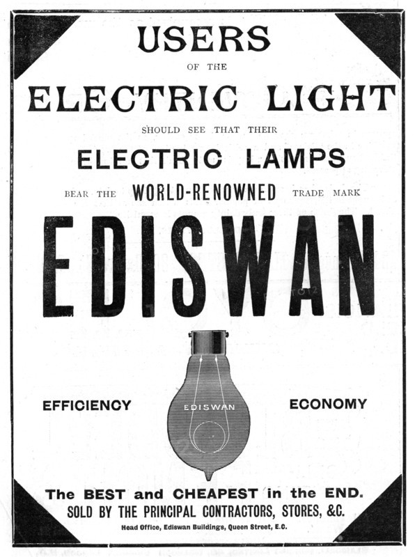 Advertisement for Ediswan incandescent light bulbs, 1898. Artist: Unknown