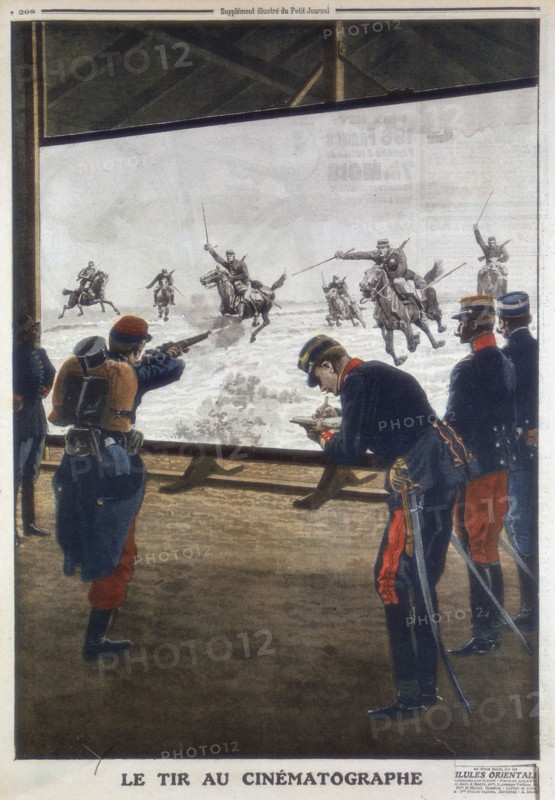 French soldiers using film of a cavalry charge for rifle practice, 1912. Artist: Unknown