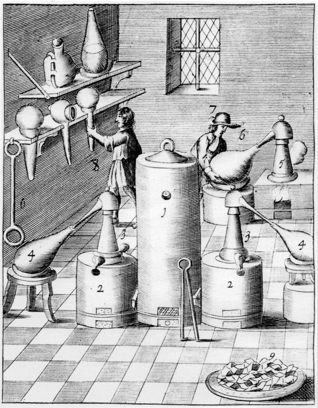 Laboratory for refining gold and silver, showing typical laboratory equipment, 1683. Artist: Unknown
