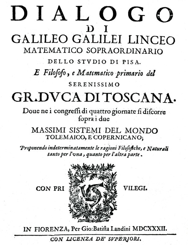 Title page of Dialogo, by Galileo, 1632. Artist: Unknown