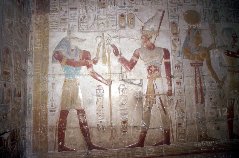 Painted relief of Sethos before Anubis, Temple of Sethos I, Abydos, Egypt, 19th Dynasty, c1280 BC. Artist: Unknown
