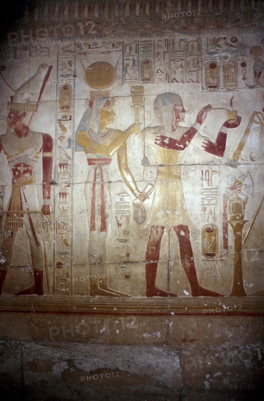 Painted relief of Sethos and Isis-Hathor, Temple of Sethos I, Abydos, Egypt, 19th Dynasty, c1280 BC. Artist: Unknown