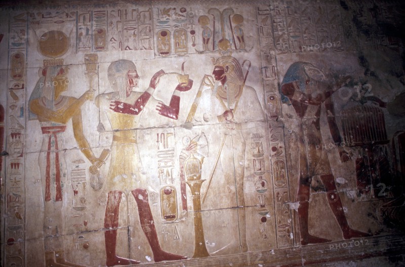 Painted relief of Sethos before Osiris, Temple of Sethos, Abydos, Egypt, 19th Dynasty, c1280 BC. Artist: Unknown