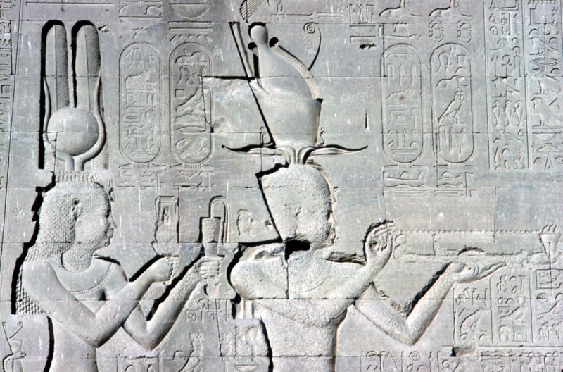 Horizontal detail of a relief of Cleopatra and Caesarion ,Temple of Hathor, c125 BC - c60 AD. Artist: Unknown
