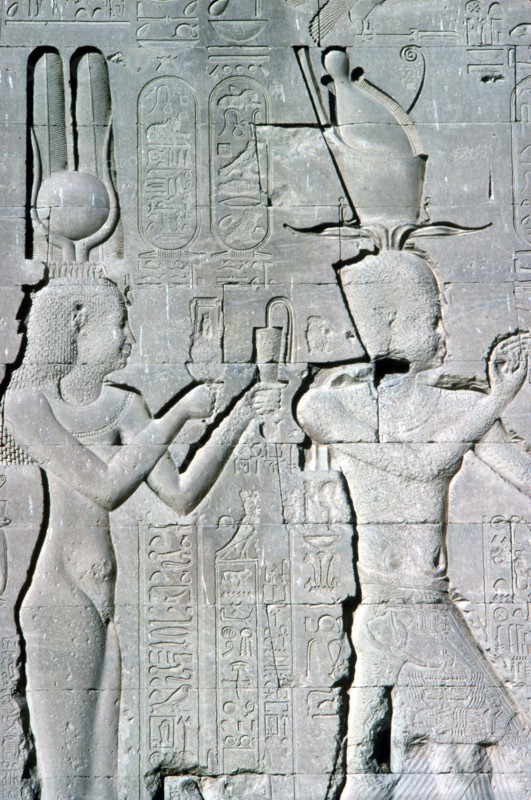 Vertical detail of a relief of Cleopatra and Caesarion, Temple of Hathor, Dendera, c125 BC-c60 AD. Artist: Unknown