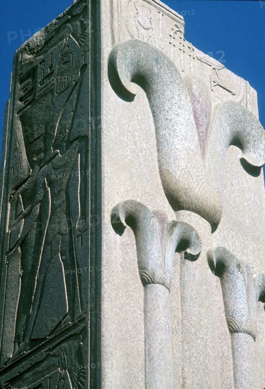Closeup of stylised lotus plants on a column, Temple of Amun, Karnak, Egypt. Artist: Unknown