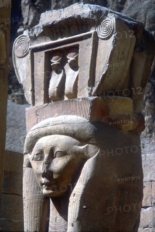 Close-up of Hathor headed capitals, Temple of Hatshepsut, Luxor, Egypt, c15th centuryBC. Artist: Unknown
