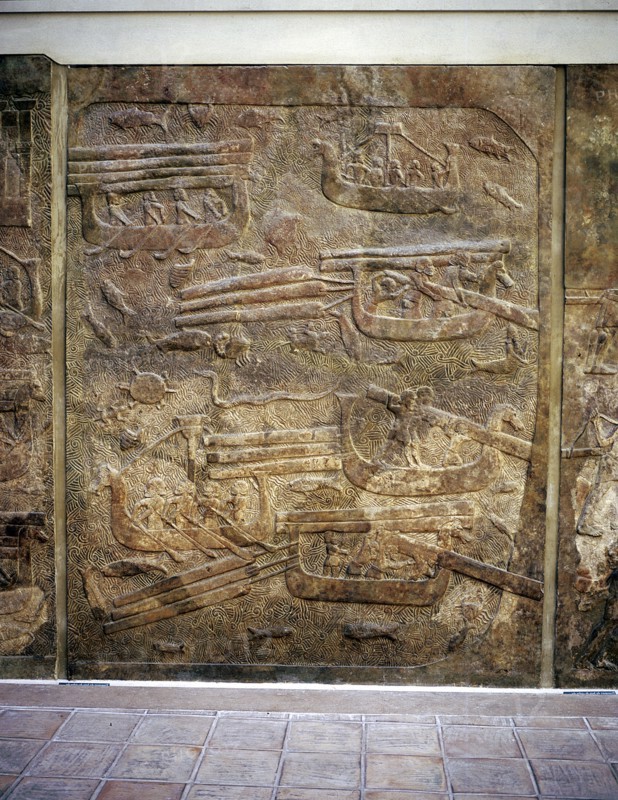 Assyrian relief showing transport of timber from Lebanon by water, Khorsabad, c8th centBC. Artist: Unknown