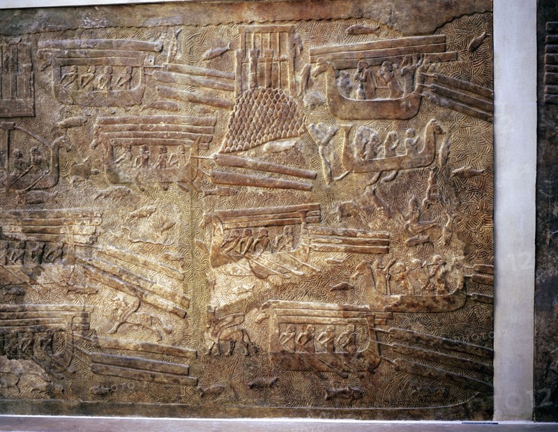 Assyrian relief showing transport of timber from Lebanon by water, Khorsabad, c8th century BC. Artist: Unknown