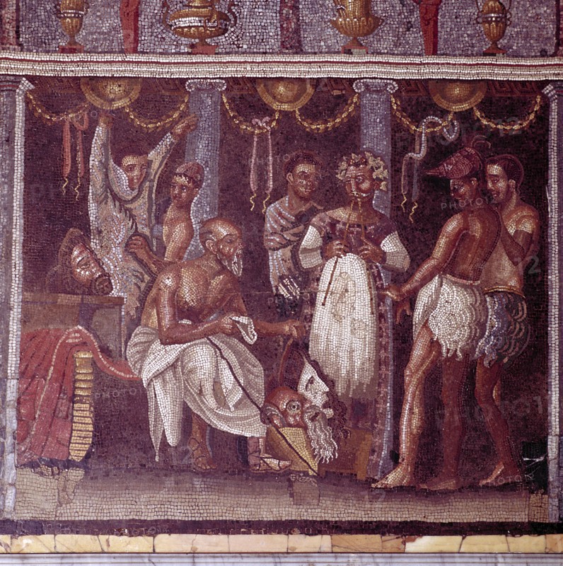 Roman mosaic of actors preparing for a play, Pompeii, Italy. Creator: Unknown.
