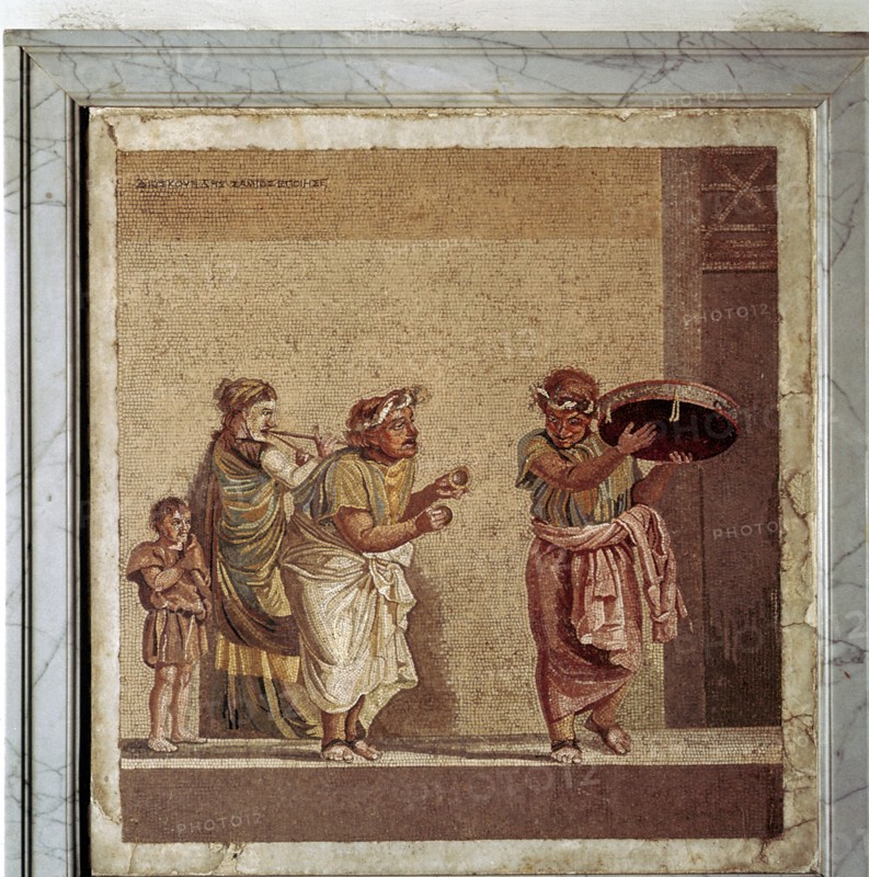 Roman mosaic of musicians and masked actors in a play, Pompeii, Italy. Creator: Dioscurides.