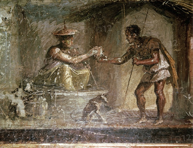 Roman wallpainting of a traveller and a water-seller, Pompeii, Italy. Creator: Unknown.