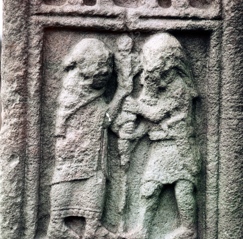 Celtic chief helps Christian priest to set up a staff, Clonmacnoise, Ireland. Artist: Unknown