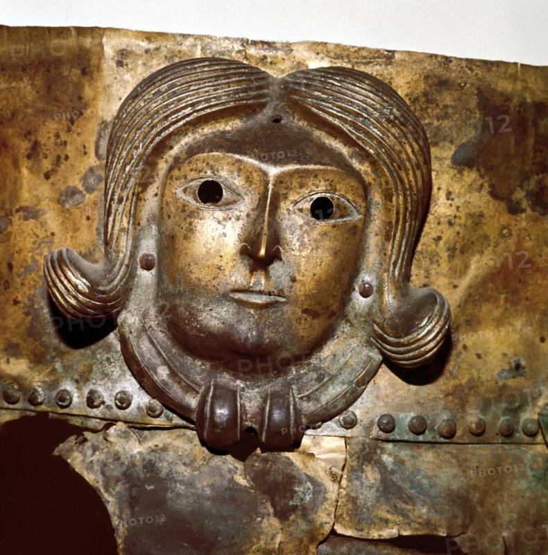 Celtic human head on Bronze cauldron, Rynkeby Bog, Denmark, 4th century BC. Artist: Unknown